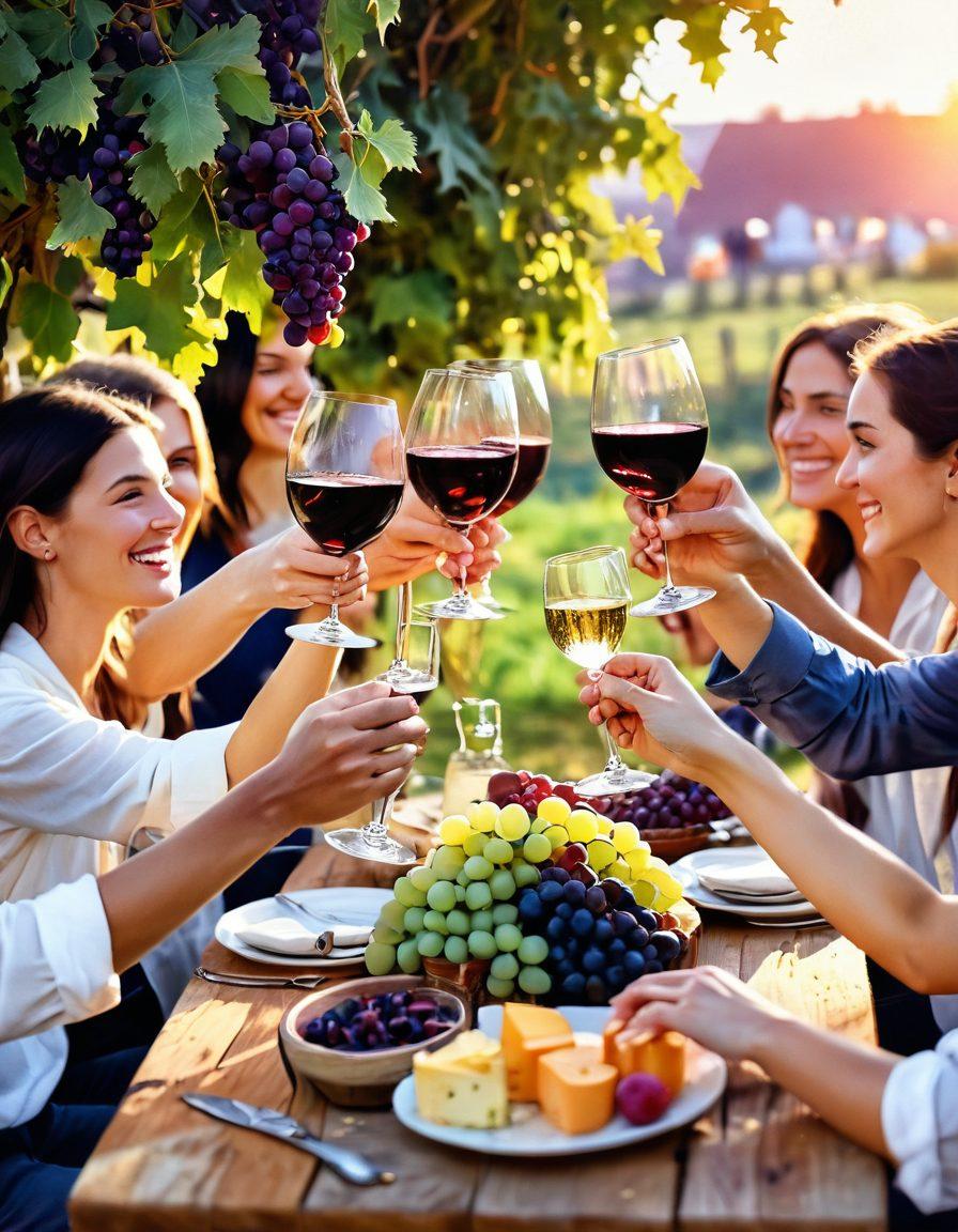A vibrant vineyard at sunset with people toasting glasses of red wine, surrounded by lush grapevines and rustic wooden tables filled with an array of cheese and fruits. Warm golden light illuminates the joyous faces of friends sharing laughter and stories. Soft bokeh effect highlights the celebratory atmosphere. watercolor painting. vibrant colors. warm tones.