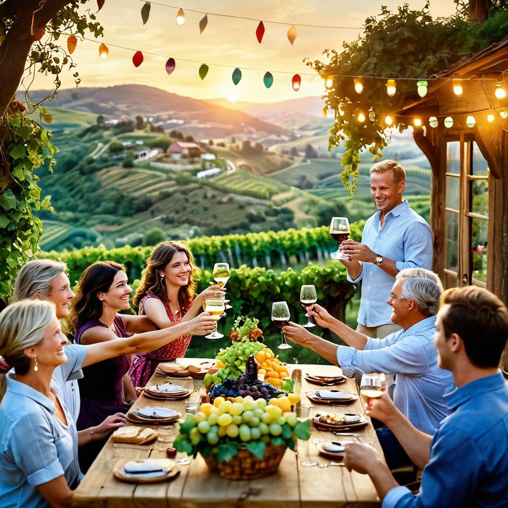 A warm and inviting vineyard scene during a festive gathering, showcasing diverse people toasting with glasses of wine, surrounded by lush grapevines and rolling hills. Soft golden light illuminates the joyous atmosphere, with colorful decorations like bunting and lanterns adding to the celebration. In the background, a rustic wooden table laden with artisanal cheeses and fruits enhances the communal spirit. super-realistic. vibrant colors.
